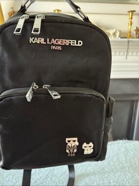 NWOT Karl Lagerfeld Black Nylon Backpack with Silver Hardware